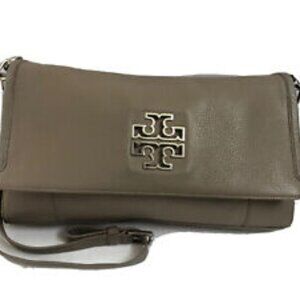 Tory Burch Satchel Handbag Taupe Leather ShoulderBag Purse Tote  Silver hardware